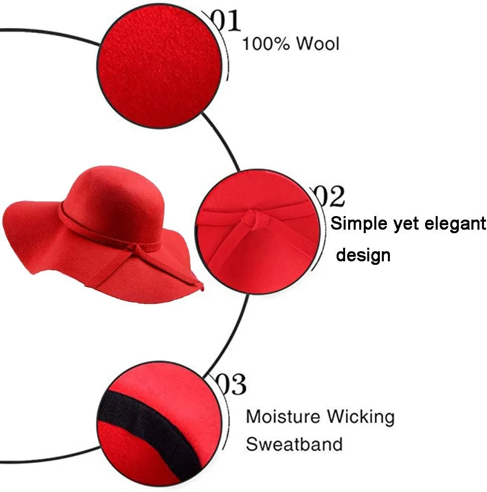 Women's 100% Wool Foldable Wide Brim Retro Fedora Floppy Felt Bowler Hat