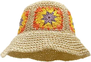 Womens Crochet Sun Hat Wide Brim Straw Woven Hat Foldable Summer Beach Cap Foldable UPF 50  UV Protection Bucket Hat