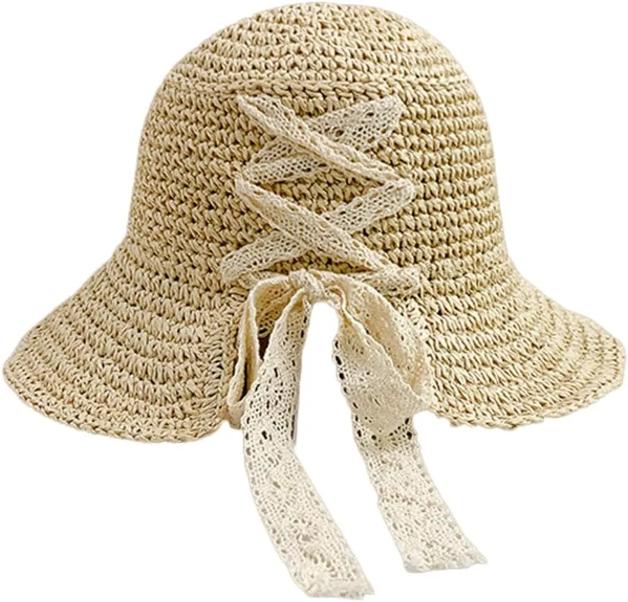 Womens Crochet Sun Hat Wide Brim Straw Woven Hat Foldable Summer Beach Cap Foldable UPF 50  UV Protection Bucket Hat