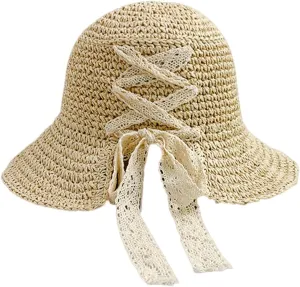 Womens Crochet Sun Hat Wide Brim Straw Woven Hat Foldable Summer Beach Cap Foldable UPF 50  UV Protection Bucket Hat