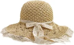 Womens Crochet Sun Hat Wide Brim Straw Woven Hat Foldable Summer Beach Cap Foldable UPF 50  UV Protection Bucket Hat