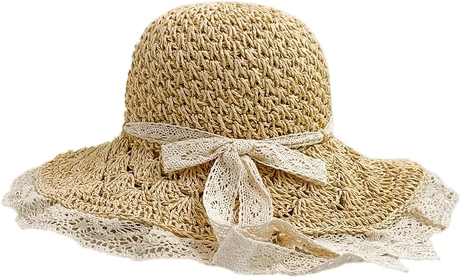 Womens Crochet Sun Hat Wide Brim Straw Woven Hat Foldable Summer Beach Cap Foldable UPF 50  UV Protection Bucket Hat