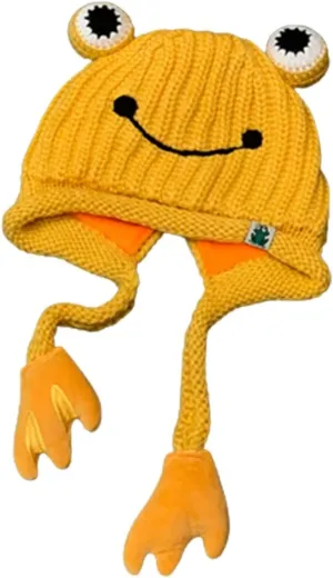 Women's Cute Frog Hat Crochet Knitted Winter Ear Protective Beanie Hat Big Eye Outdoors Autumn Cap