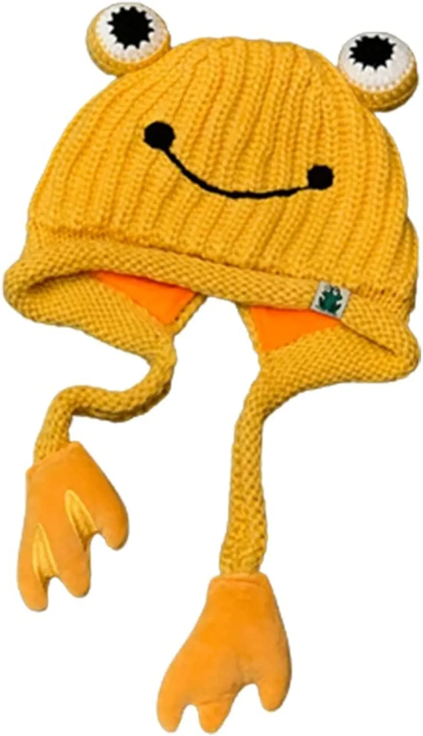 Women's Cute Frog Hat Crochet Knitted Winter Ear Protective Beanie Hat Big Eye Outdoors Autumn Cap