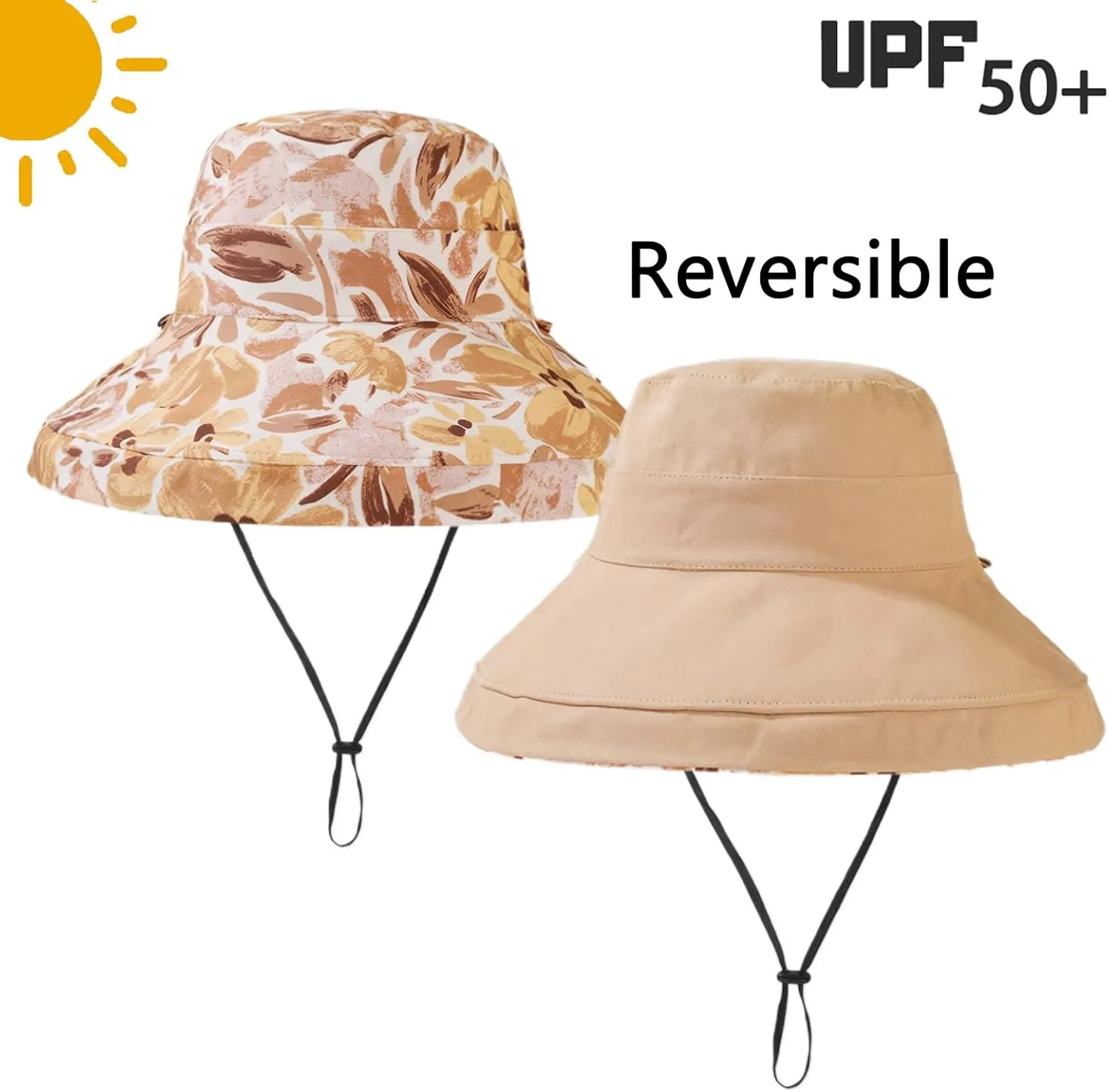 Womens Foldable Shapeable Brim Sun Hat UPF 50  Cotton Wide Brim Beach Adjustable Chin Strap Hat Sun Protection Cap