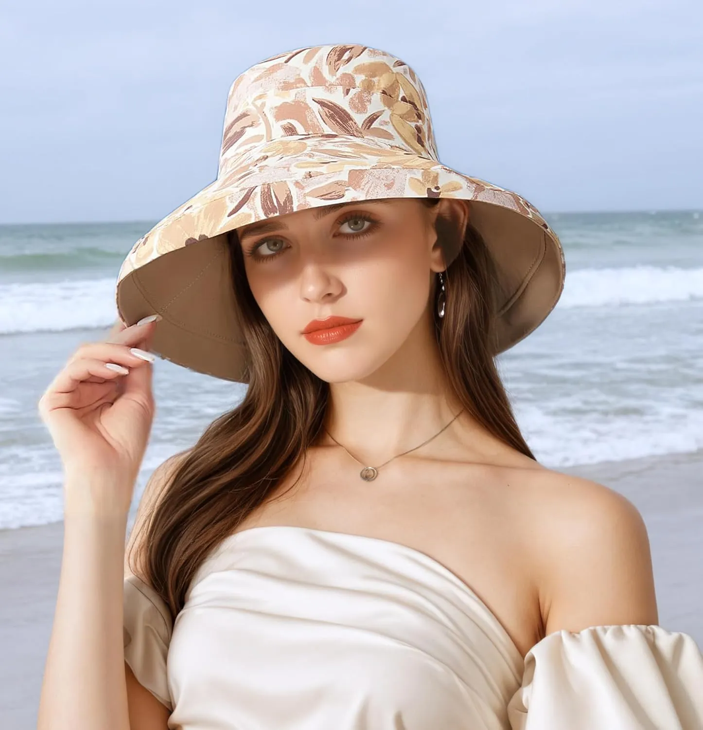 Womens Foldable Shapeable Brim Sun Hat UPF 50  Cotton Wide Brim Beach Adjustable Chin Strap Hat Sun Protection Cap