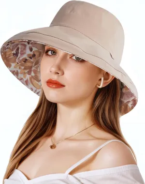 Womens Foldable Shapeable Brim Sun Hat UPF 50  Cotton Wide Brim Beach Adjustable Chin Strap Hat Sun Protection Cap