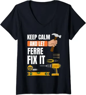 Womens Keep calm and let Ferre fix it handyman, construction worker V-Neck T-Shirt