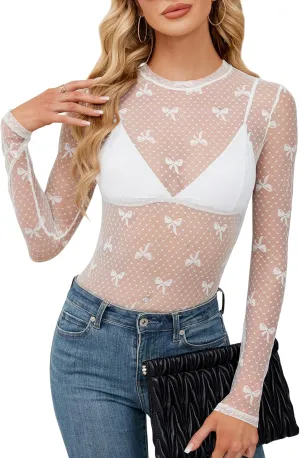 Women's Lace Long Sleeve Mesh Top Mock Neck Sheer Blouse See Through Floral Crochet Tops