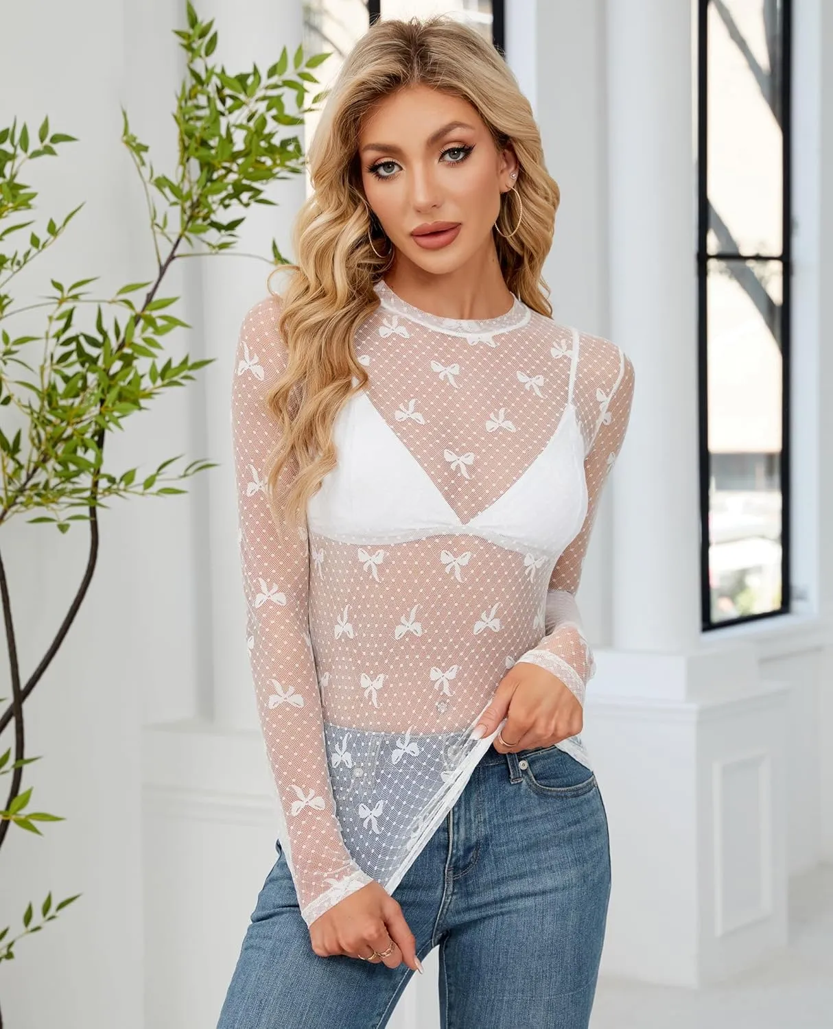 Women's Lace Long Sleeve Mesh Top Mock Neck Sheer Blouse See Through Floral Crochet Tops
