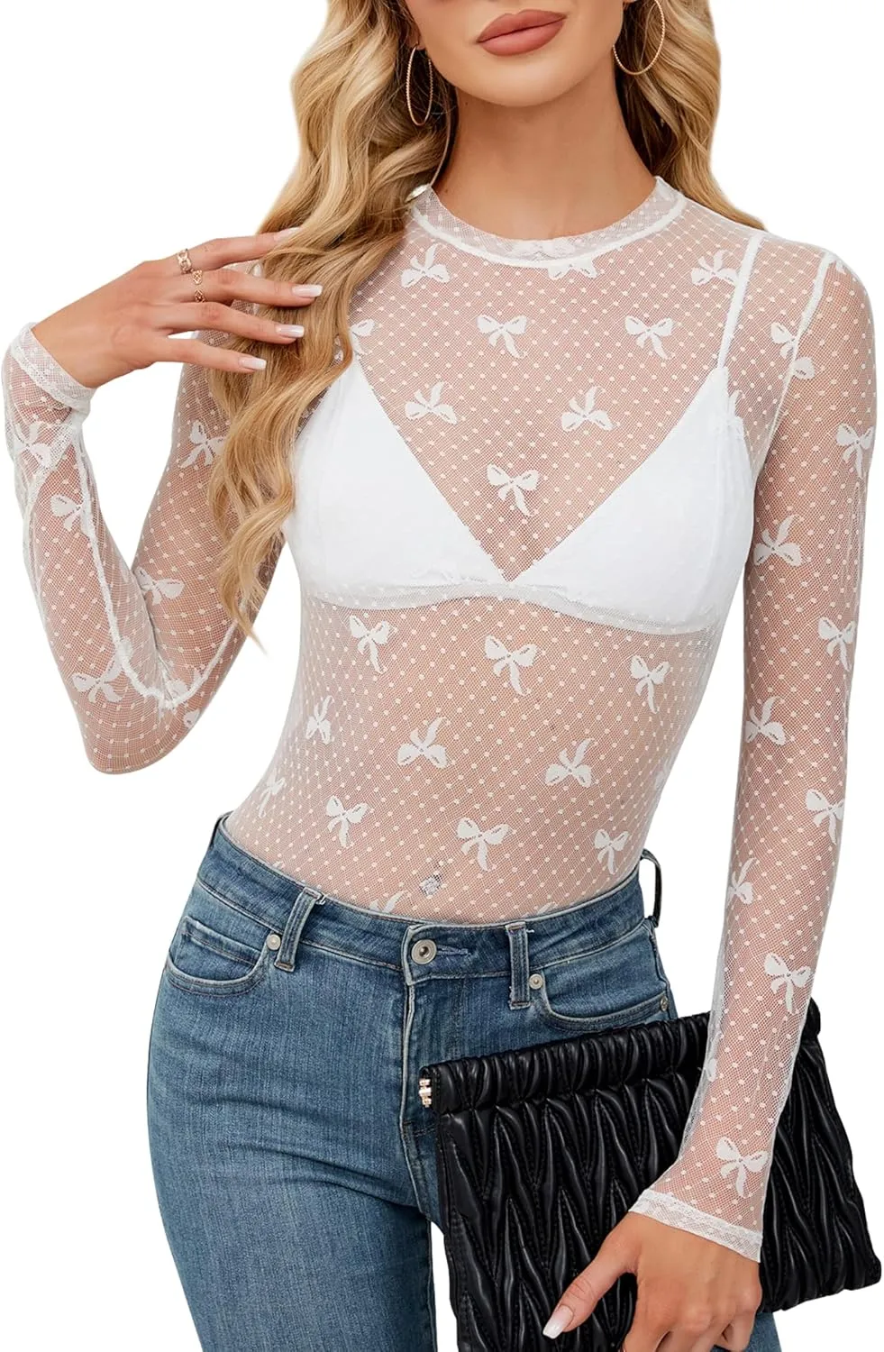 Women's Lace Long Sleeve Mesh Top Mock Neck Sheer Blouse See Through Floral Crochet Tops