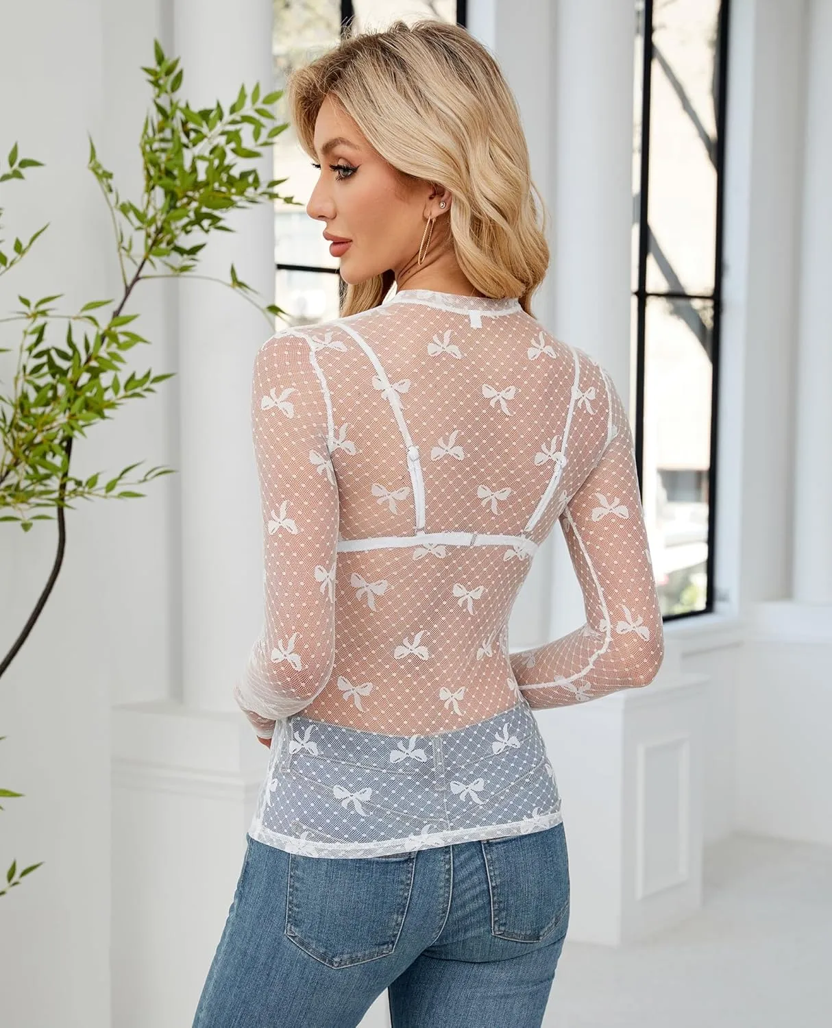 Women's Lace Long Sleeve Mesh Top Mock Neck Sheer Blouse See Through Floral Crochet Tops