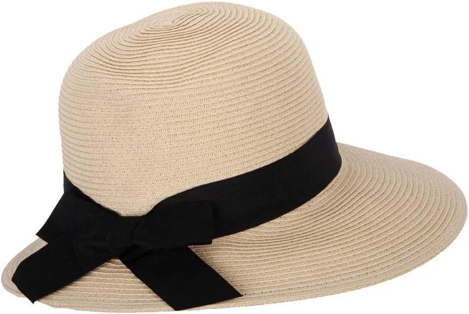 Women's Paper Braid Bow Accented Contrasting Sized Brim Sun Hat