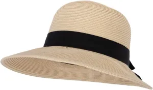 Women's Paper Braid Bow Accented Contrasting Sized Brim Sun Hat