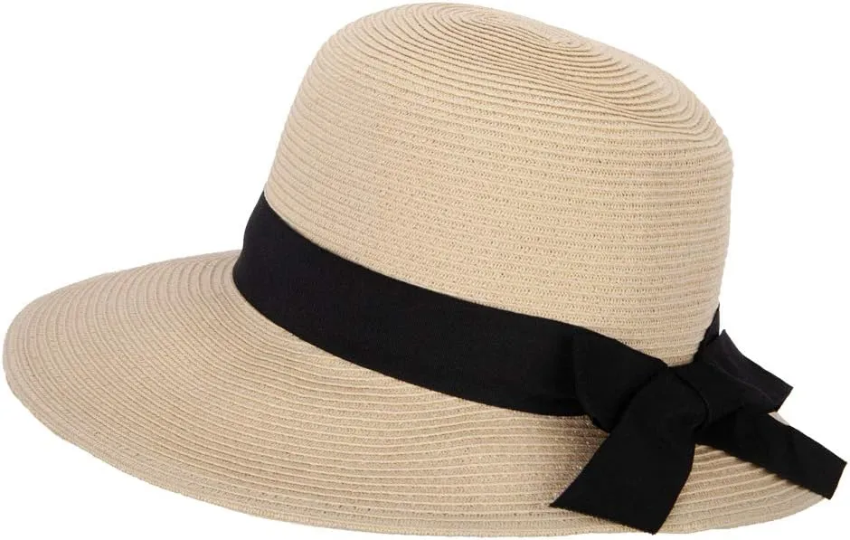 Women's Paper Braid Bow Accented Contrasting Sized Brim Sun Hat