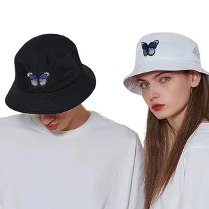 Womens Reversible Bucket Hat with Butterfly Embroidery, Foldable Sunbonnet for Summer Protective Casual Outdoor Panama Cap