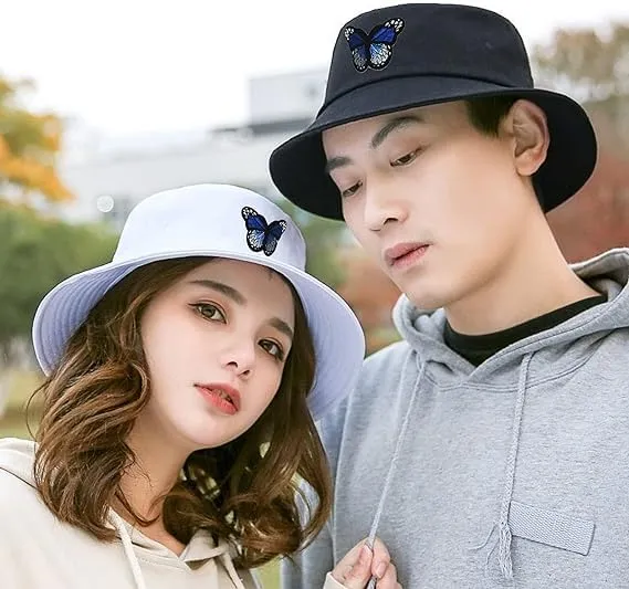 Womens Reversible Bucket Hat with Butterfly Embroidery, Foldable Sunbonnet for Summer Protective Casual Outdoor Panama Cap