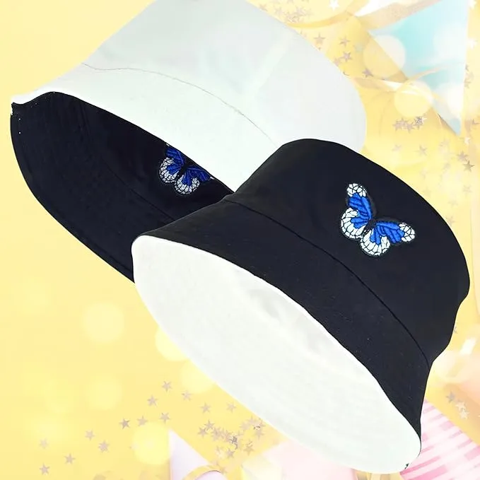 Womens Reversible Bucket Hat with Butterfly Embroidery, Foldable Sunbonnet for Summer Protective Casual Outdoor Panama Cap