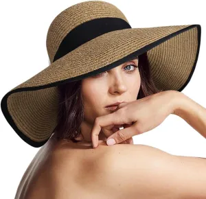 Womens Sun Straw Hat Wide Brim UPF 50 Summer Hat Foldable Roll Up Floppy Beach Hats for Women