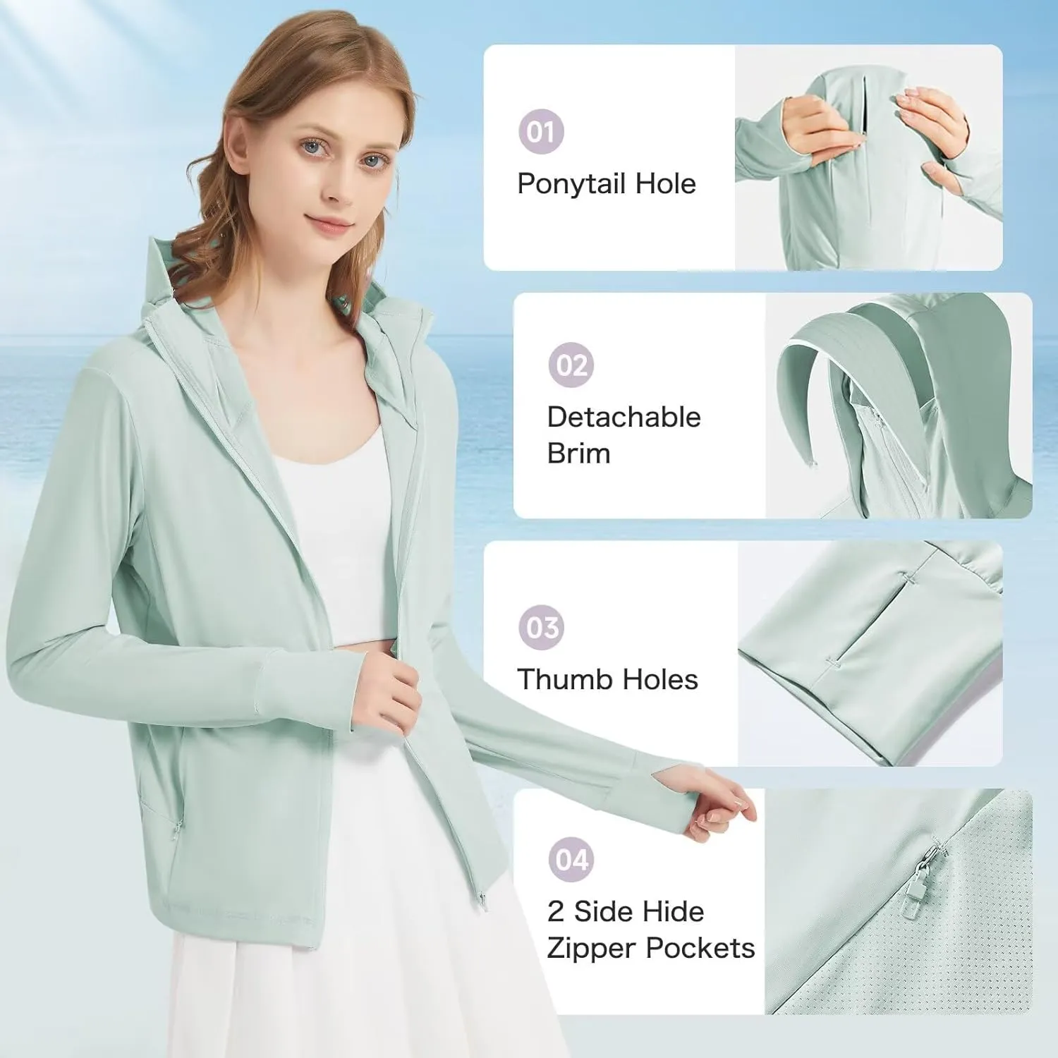 Women's UPF 50  Sun Protection Jacket Lightweight UV Cooling Hoodie Long Sleeve Summer Clothing for Outdoor Hiking