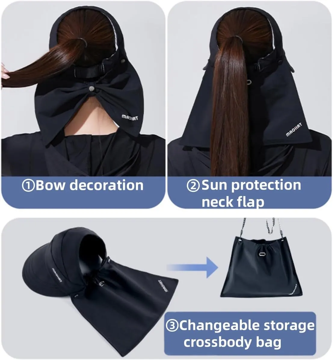 Womens Wide Brim Visor Sun Hat with Neck Flap, Neck Flap can be Turned into a Bag, Outdoor UV Protection Hat Foldable Cap