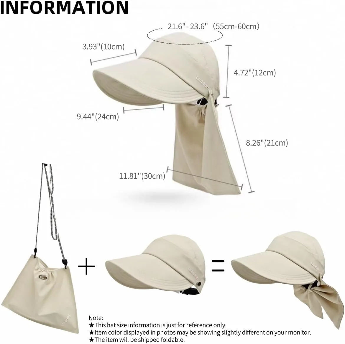 Womens Wide Brim Visor Sun Hat with Neck Flap, Neck Flap can be Turned into a Bag, Outdoor UV Protection Hat Foldable Cap
