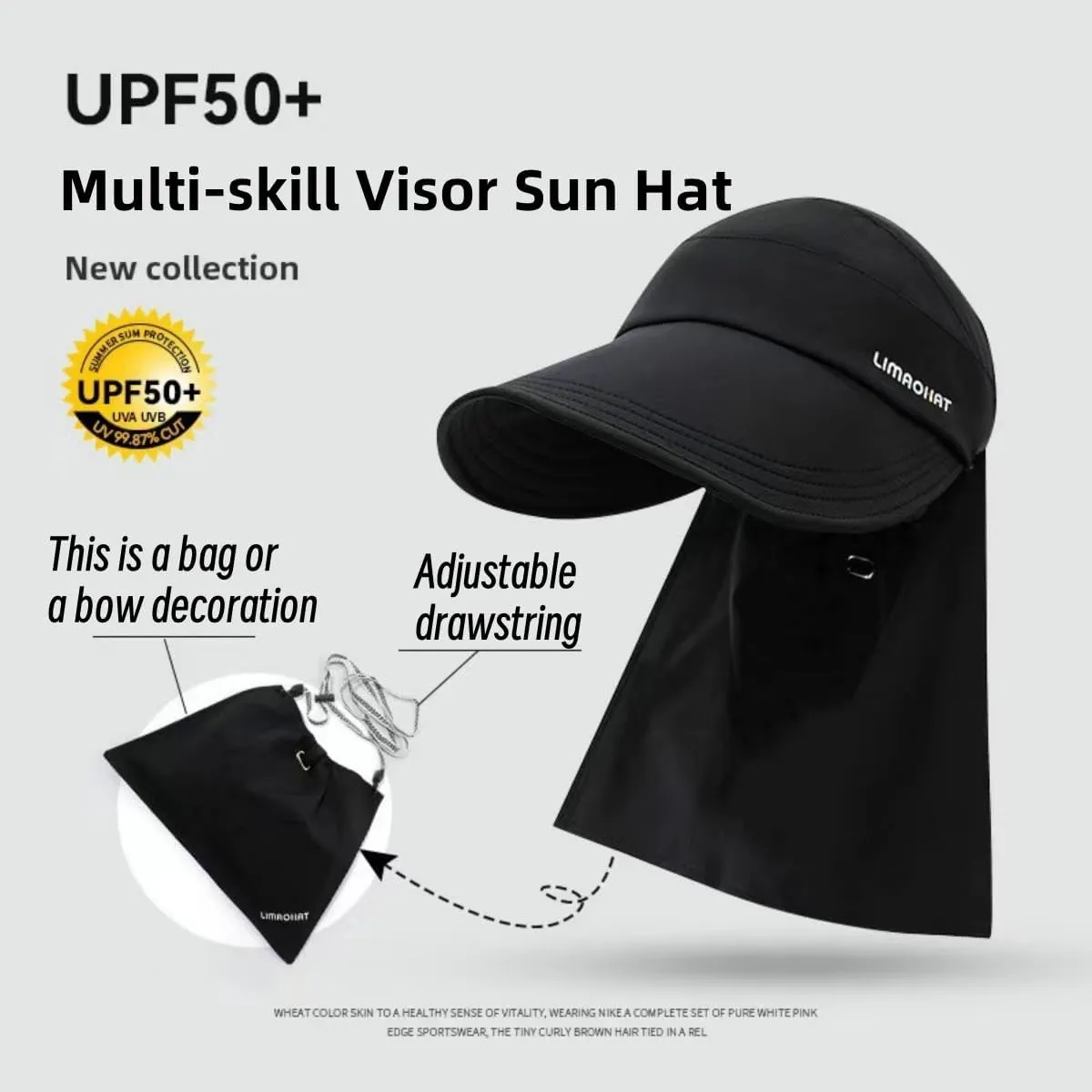 Womens Wide Brim Visor Sun Hat with Neck Flap, Neck Flap can be Turned into a Bag, Outdoor UV Protection Hat Foldable Cap