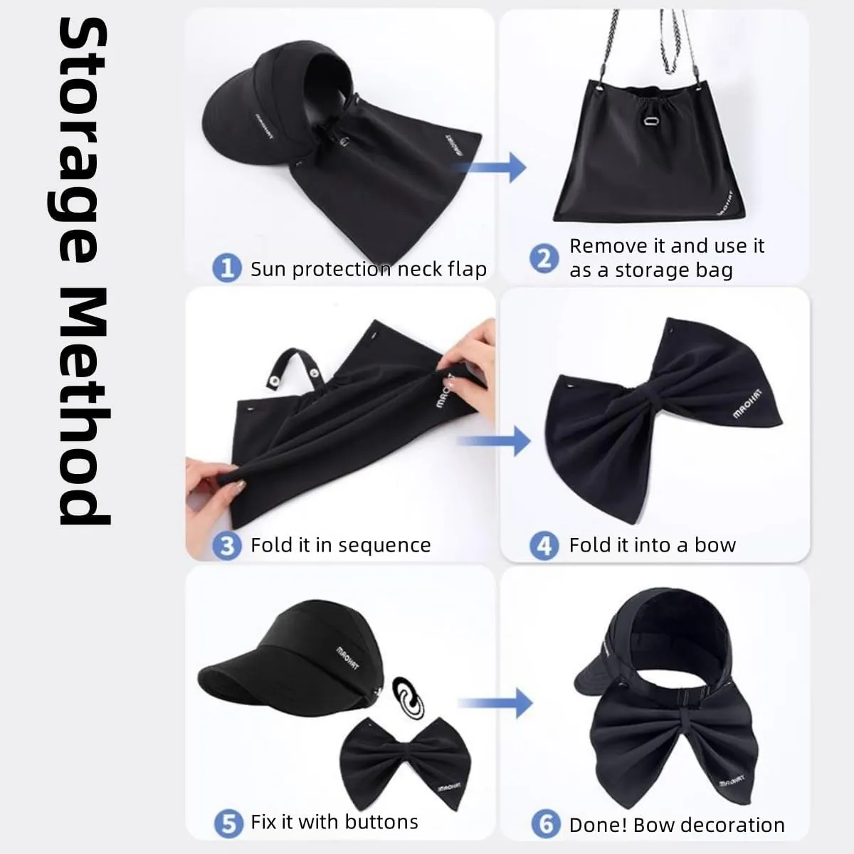 Womens Wide Brim Visor Sun Hat with Neck Flap, Neck Flap can be Turned into a Bag, Outdoor UV Protection Hat Foldable Cap