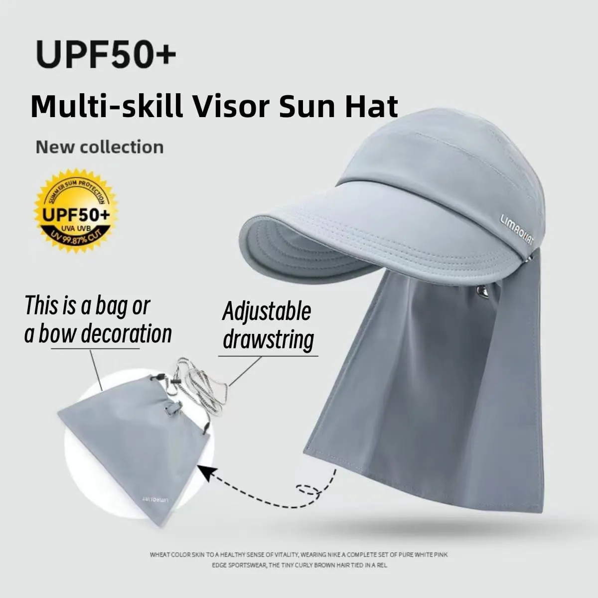 Womens Wide Brim Visor Sun Hat with Neck Flap, Neck Flap can be Turned into a Bag, Outdoor UV Protection Hat Foldable Cap