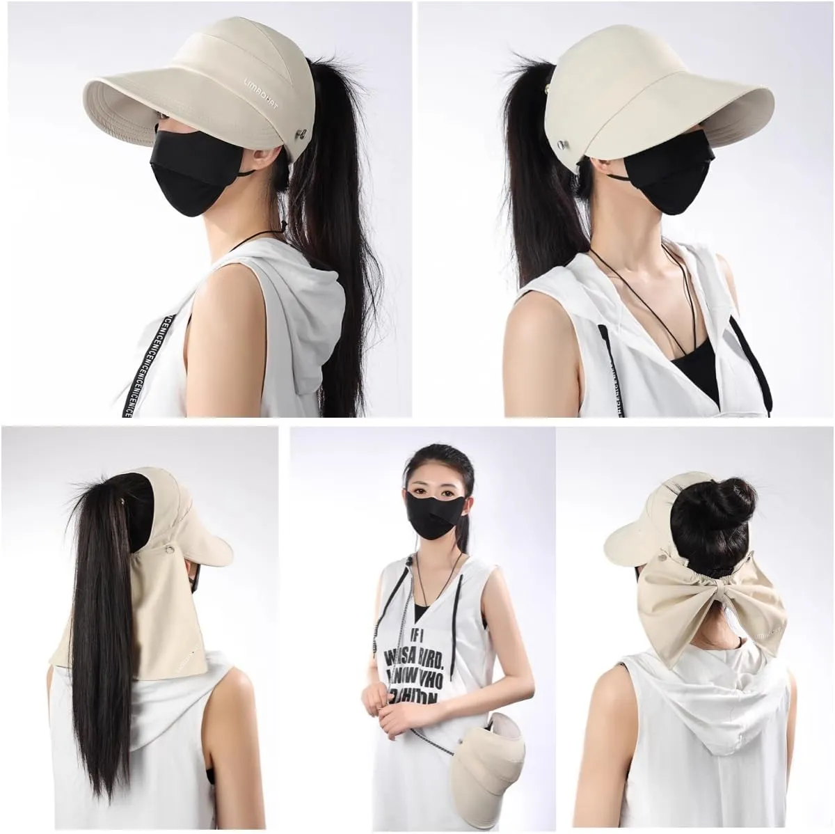 Womens Wide Brim Visor Sun Hat with Neck Flap, Neck Flap can be Turned into a Bag, Outdoor UV Protection Hat Foldable Cap