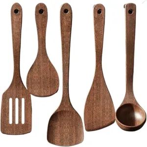 Wood Cooking Utensils 5 Pieces Sets Cooking Spoons Spatulas Kitchen Cookware Gadgets