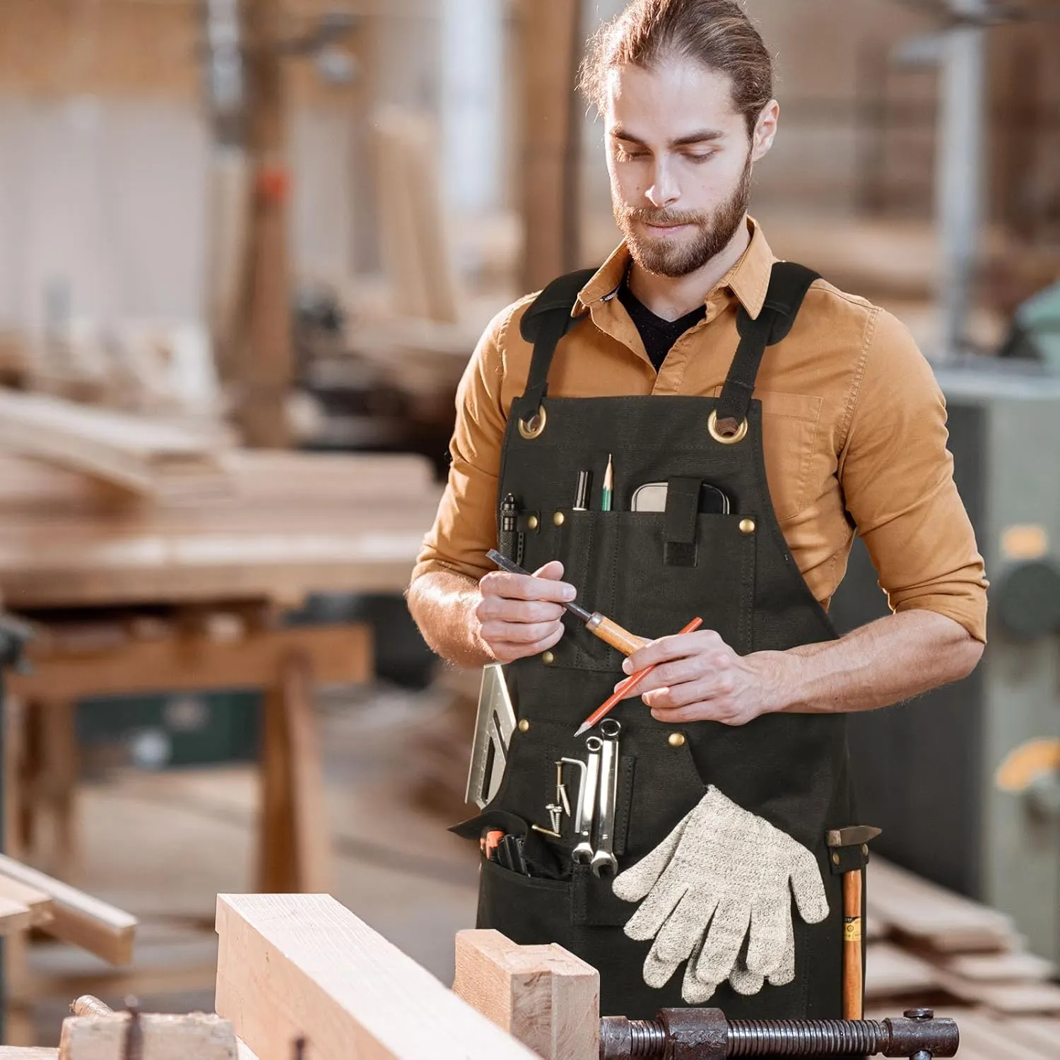 Woodworking Apron for Men, Gifts for Men Dad Father, with 9 Tool Pockets, Durable Waxed Canvas Work Apron for Woodworkers Carpenters Blacksmiths (Black-Waxed Canvas Apron)