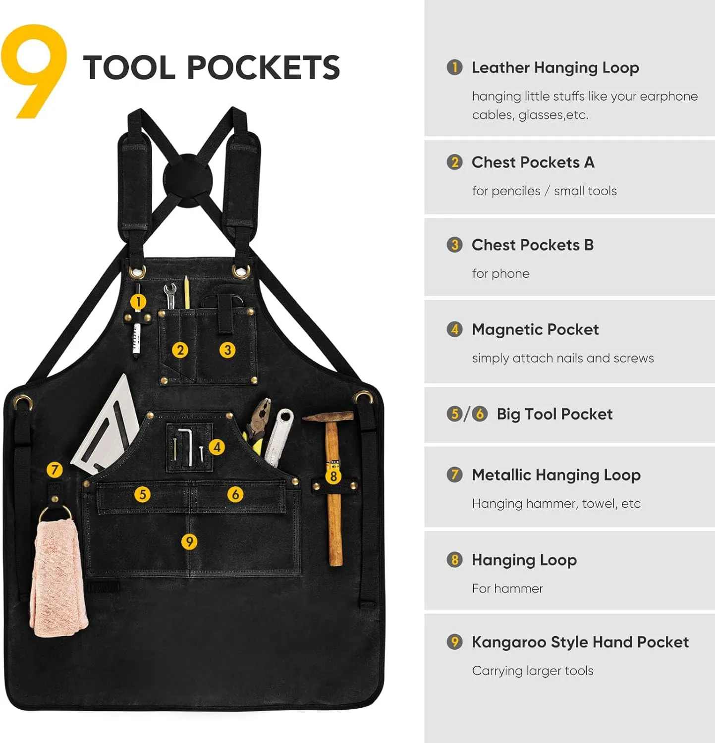 Woodworking Apron for Men, Gifts for Men Dad Father, with 9 Tool Pockets, Durable Waxed Canvas Work Apron for Woodworkers Carpenters Blacksmiths (Black-Waxed Canvas Apron)