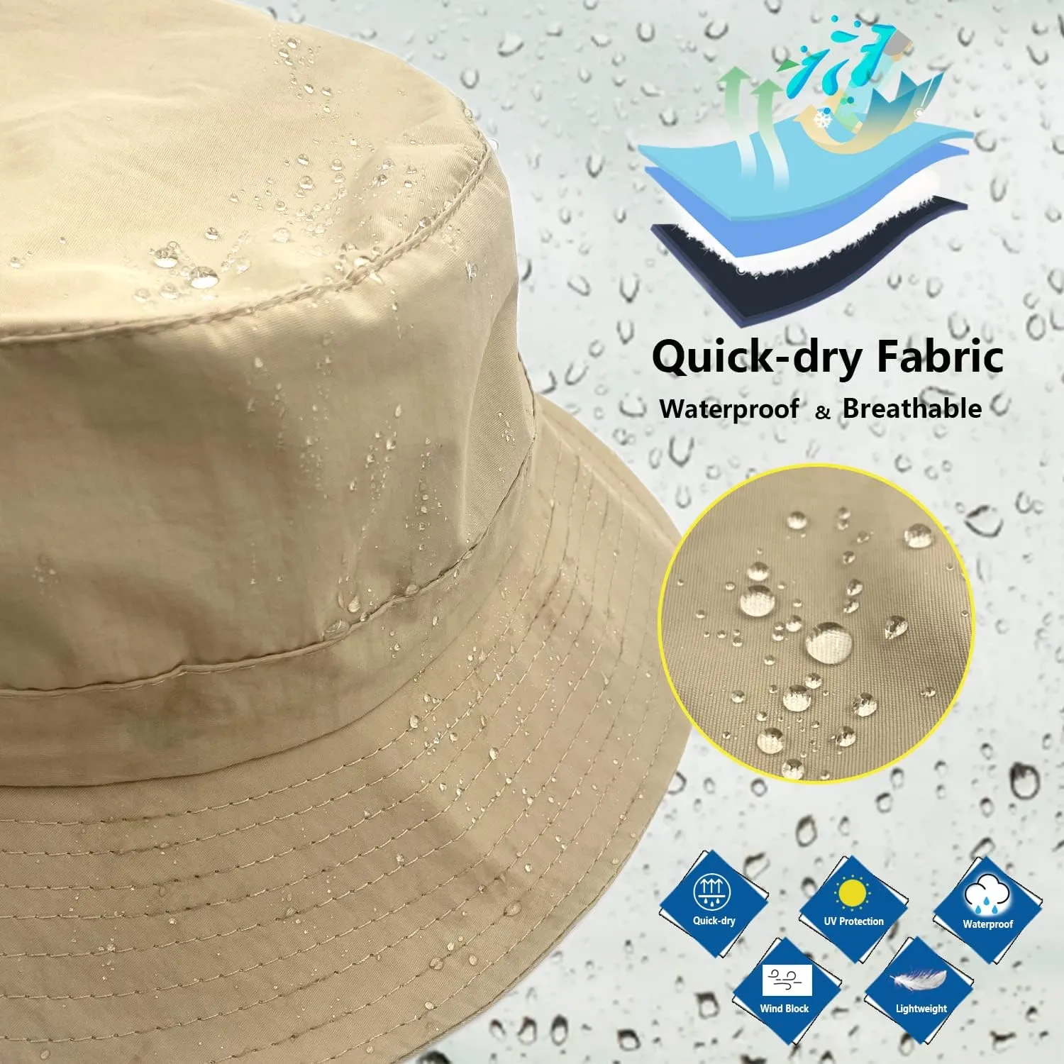 woogwin Waterproof Bucket Rain Hat with Chin Strap Quick Dry Packable Boonie Sun Hat Safari Hat UV Protection