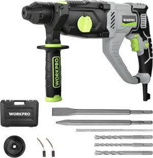 WORKPRO Premium 1-1/4 Inch SDS-Plus Rotary Hammer Drill, 7.5AMP, Lightweight Corded Version for Concrete Demolition Chipping Rotomartillo, 5 SDS-Plus Bits