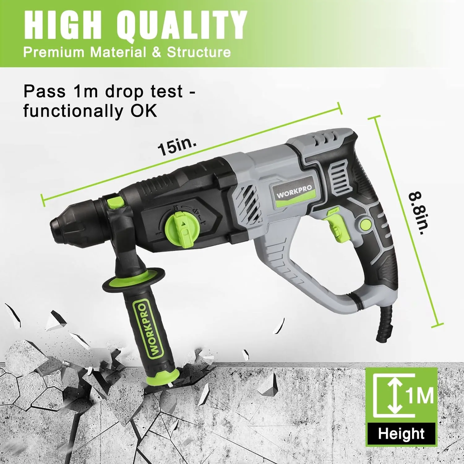 WORKPRO Premium 1-1/4 Inch SDS-Plus Rotary Hammer Drill, 7.5AMP, Lightweight Corded Version for Concrete Demolition Chipping Rotomartillo, 5 SDS-Plus Bits