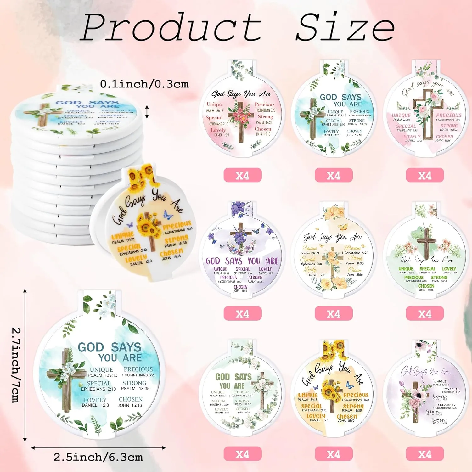 Y1tvei Christian Gifts Compact Mirror - 36Pcs Flower Cross God Say You Are Bible Verse Folding Compact Mirrors Inspirational Small Portable Pocket Makeup Mirror for Purse Church Party Favors for Women