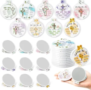 Y1tvei Christian Gifts Compact Mirror - 36Pcs Flower Cross God Say You Are Bible Verse Folding Compact Mirrors Inspirational Small Portable Pocket Makeup Mirror for Purse Church Party Favors for Women