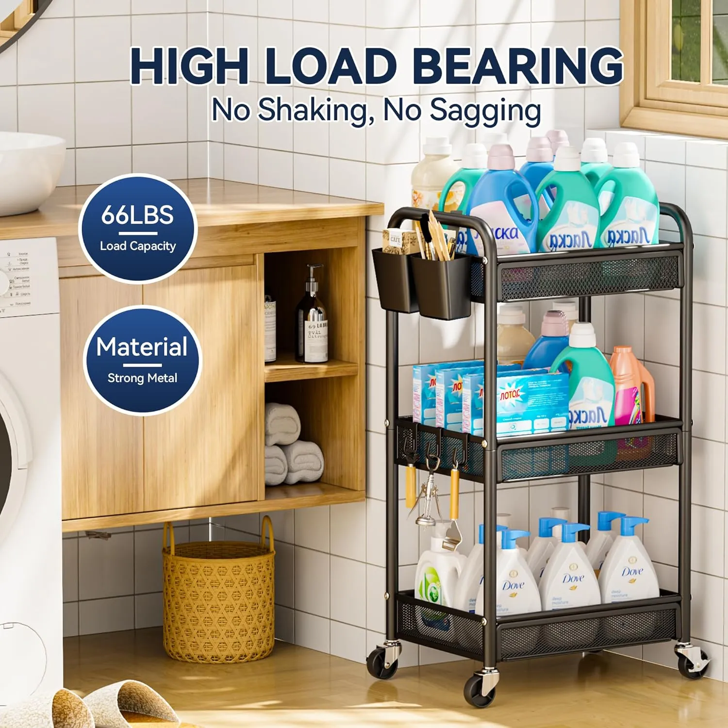 YASONIC 3 Tier Rolling Cart – Metal Utility Storage Cart with Wheels, Craft Cart Organizer with Hanging Cups, Hooks, Mesh Basket for Bedside Kitchen Office Art, Black