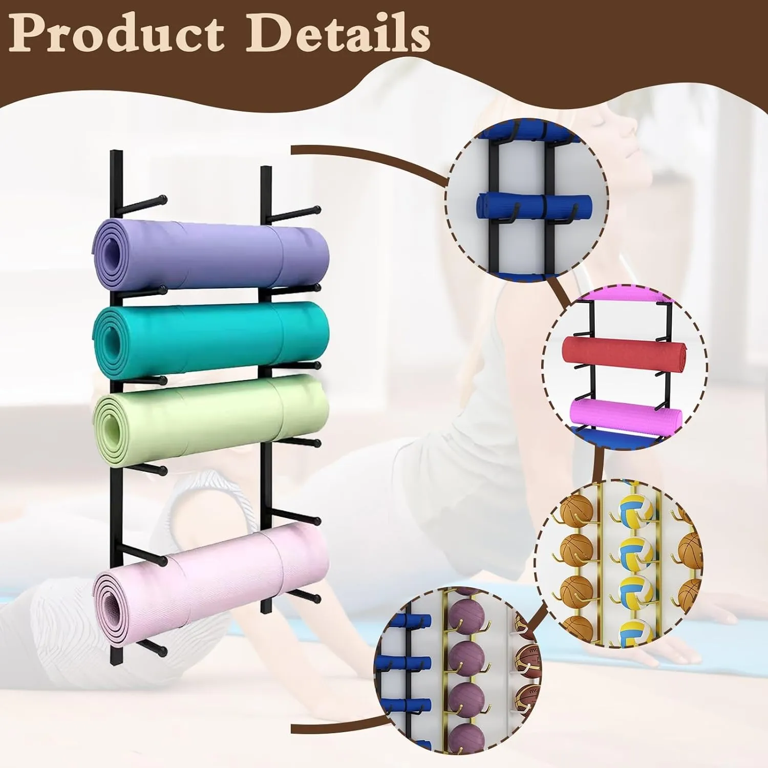 Yoga Mat Storage Rack, Wall Mounted Yoga Mat Holder, Large Capacity Storage Shelf, Multi-layer Storage, Home Hanging Storage Racks, Suitable for Home, Yoga Studio, Gym, School(Black,5-Tier)