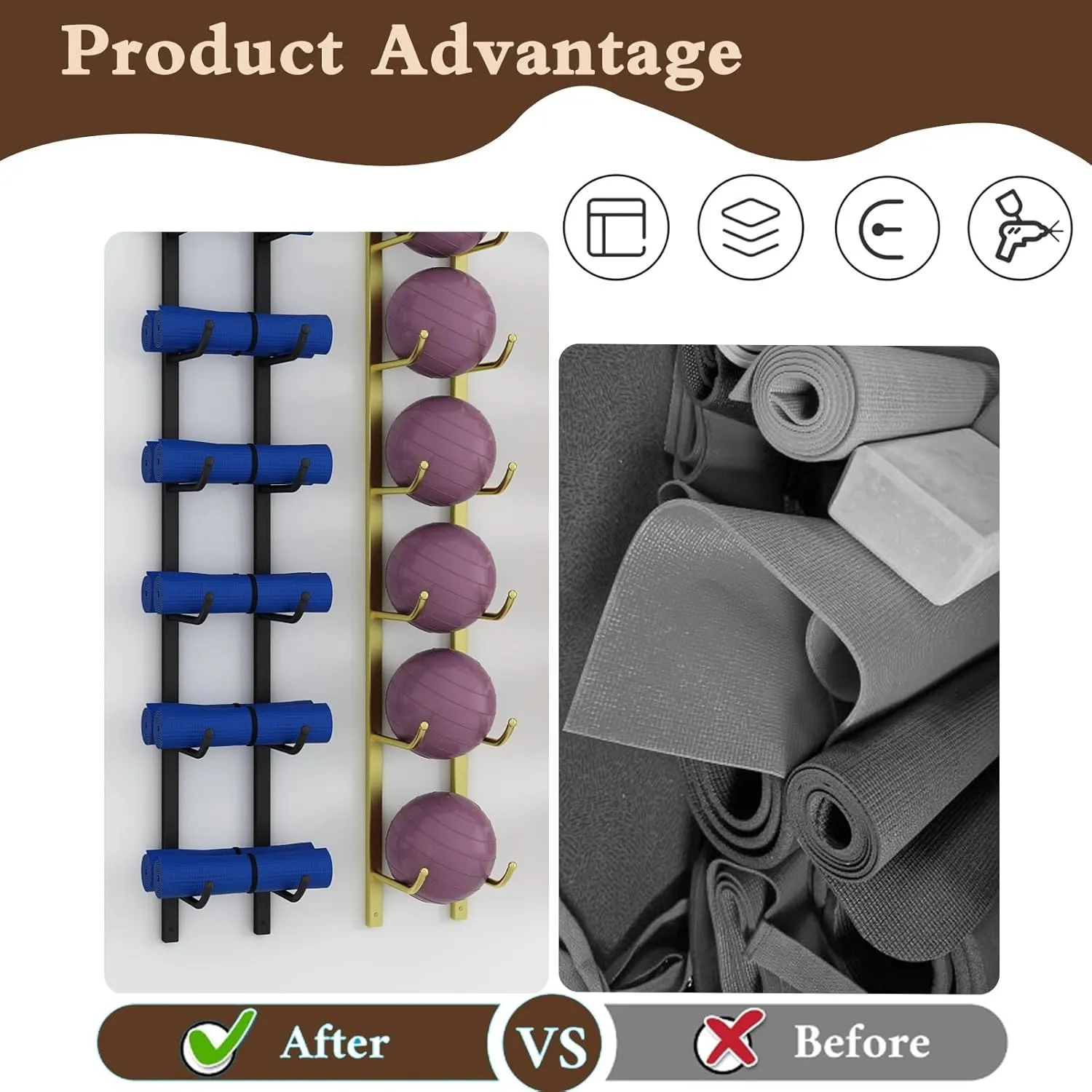 Yoga Mat Storage Rack, Wall Mounted Yoga Mat Holder, Large Capacity Storage Shelf, Multi-layer Storage, Home Hanging Storage Racks, Suitable for Home, Yoga Studio, Gym, School(Black,5-Tier)