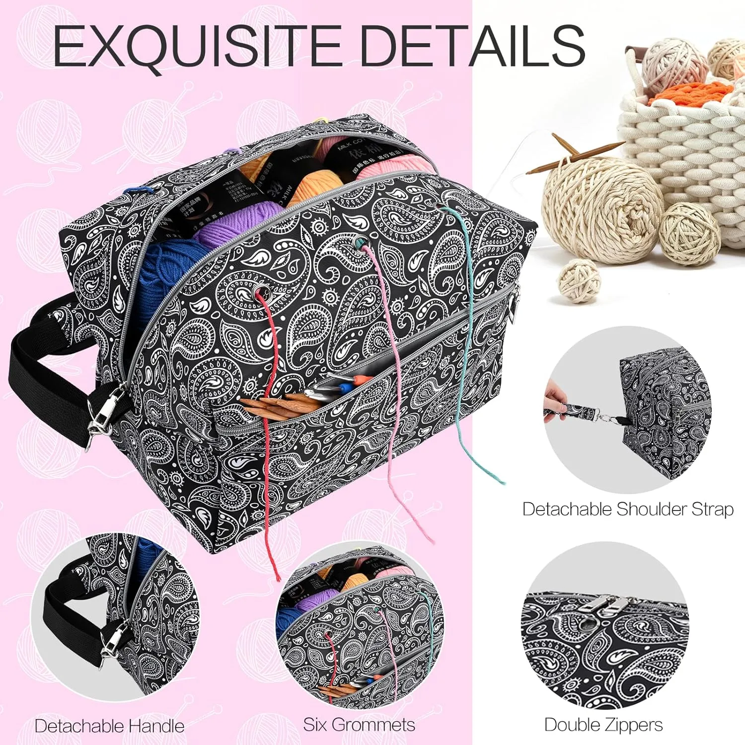 yookee home Crochet Bag Yarn Storage Yarn Bag for Crocheting On the Go Crochet Accessories Yarn Holder for Crochet Lovers,Mom,Women,Crocheting & Knitting Gifts Paisley