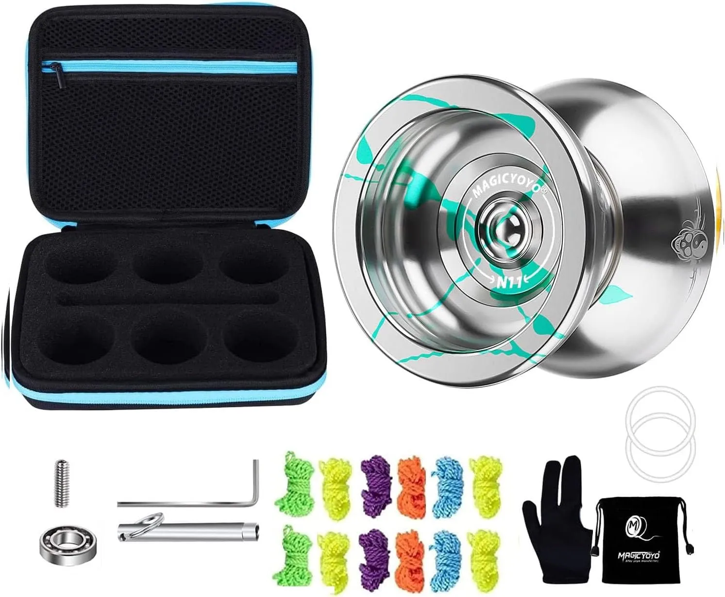 Yoyo Professional Unresponsive Yoyo N11 Silver Green, Alloy Metal Yoyo for Kids/Advanced Player Yo Yo Glove Yoyo Bag 12 Yoyo Strings with Yoyo Storage Bag Case, Organize&Protect Yoyos & Accessories