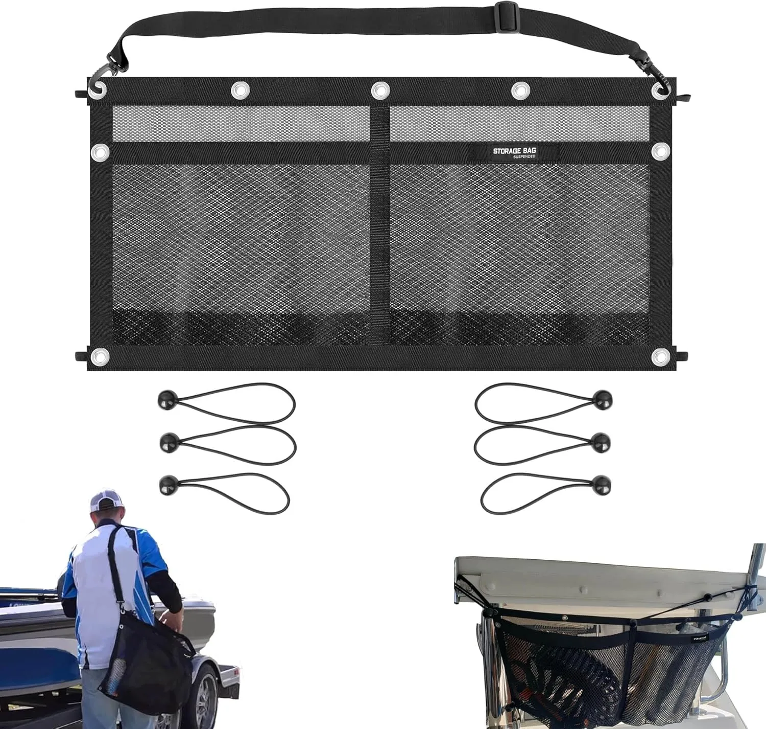 YUSOVE Mesh Storage Bag Boat Storage Bag Marine Suspended Storage Organizer,Kayak Storage Comparments,Attaches to Seat,with Elastic Ring (2pockets)