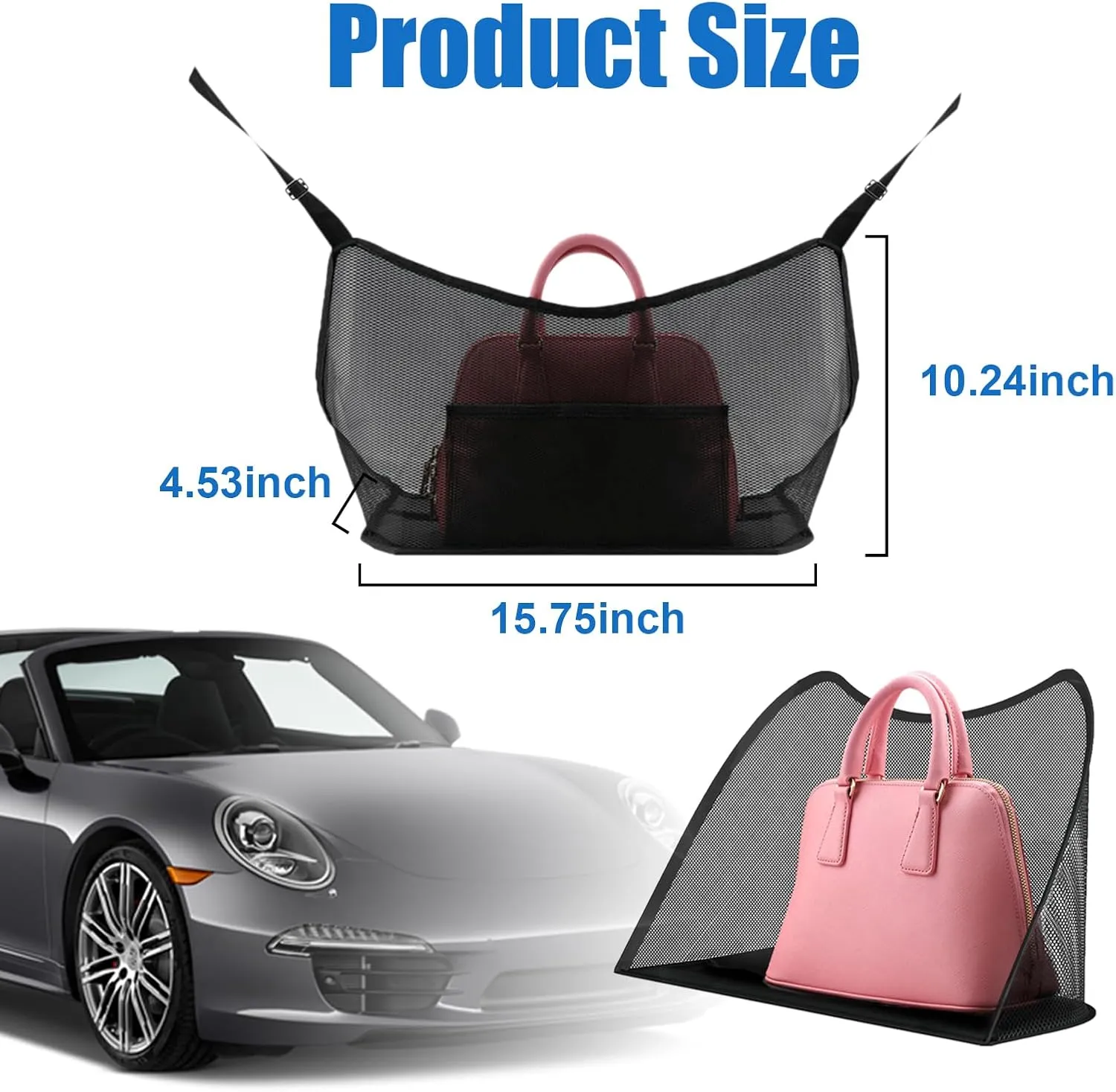 Ziciner Car Net Pocket Handbag Holder, Organizer Mesh Bag Between Two Seat, Driver Storage Netting Pouch for Handbag Purse, Barrier of Backseat Pet Kids, Car Accessories for Women Men (Black)