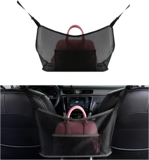 Ziciner Car Net Pocket Handbag Holder, Organizer Mesh Bag Between Two Seat, Driver Storage Netting Pouch for Handbag Purse, Barrier of Backseat Pet Kids, Car Accessories for Women Men (Black)