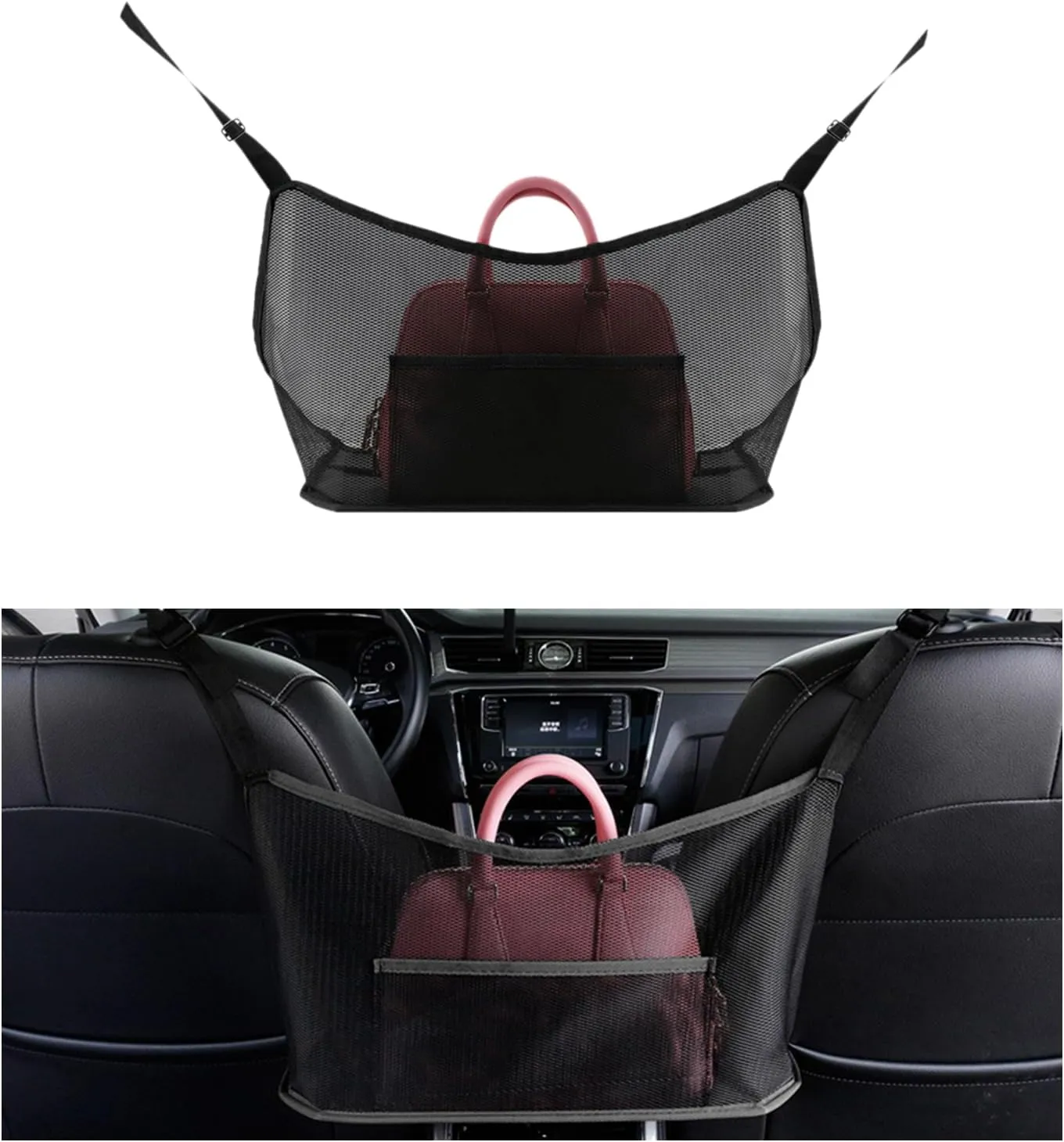 Ziciner Car Net Pocket Handbag Holder, Organizer Mesh Bag Between Two Seat, Driver Storage Netting Pouch for Handbag Purse, Barrier of Backseat Pet Kids, Car Accessories for Women Men (Black)